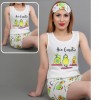 Pijama Dama cu Masca de dormit, Maiou si Pantaloni Scurti Avocado Alb PJD024