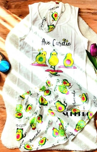 Pijama Dama cu Masca de dormit, Maiou si Pantaloni Scurti Avocado Alb PJD024 Pijama Dama cu Masca de dormit, Maiou si Pantaloni Scurti Avocado Alb PJD024