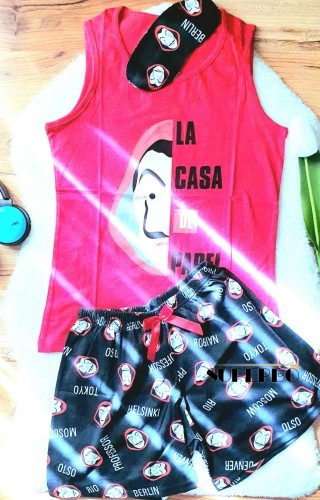 Pijama Dama Rosie cu Masca de dormit, Maiou si Pantaloni Scurti PJD025 Pijama Dama Rosie cu Masca de dormit, Maiou si Pantaloni Scurti PJD025