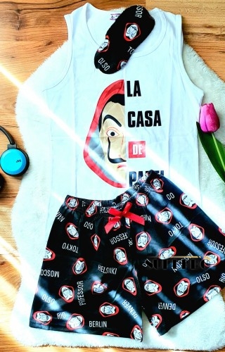 Pijama Dama Alba cu Masca de dormit, Maiou si Pantaloni Scurti CASA PJD025 Pijama Dama Alba cu Masca de dormit, Maiou si Pantaloni Scurti CASA PJD025