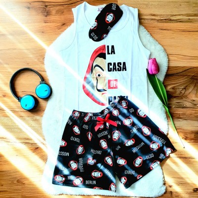 Pijama Dama Alba cu Masca de dormit, Maiou si Pantaloni Scurti CASA PJD025 Pijama Dama Alba cu Masca de dormit, Maiou si Pantaloni Scurti CASA PJD025