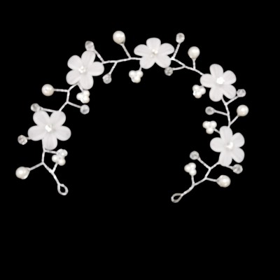 Bentita, coronita par mireasa decorata cu flori perle albe elemente translucide BPM07 Bentita, coronita par mireasa decorata cu flori perle albe elemente translucide BPM07