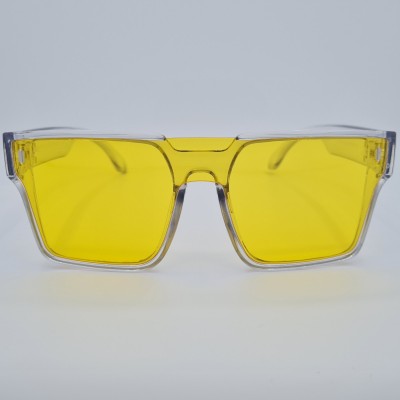 Ochelari de soare Unisex Casual cu rama asimetrica transparenta cu lentila galbena + Toc si laveta GRATIS OSU002