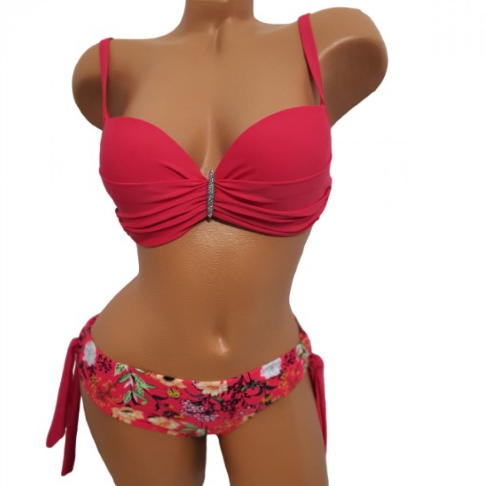 Costum de Baie roz din doua piese cu sutien push up bretele detasabile slip normal  CBD036