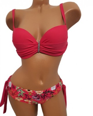 Costum de Baie roz din doua piese cu sutien push up bretele detasabile slip normal  CBD036