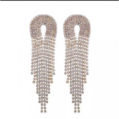 Cercei eleganti lungi aurii cu franjuri si strasuri CW56 Cercei eleganti lungi aurii cu franjuri si strasuri CW56