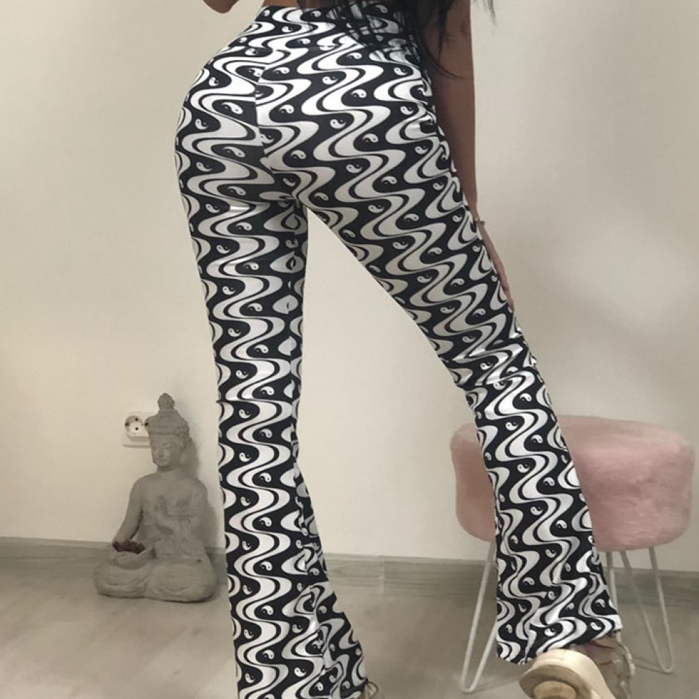 Colanti Dama Casual evazati cu imprimeu alb-negru si  talie inalta modeltoare  CDFIT079