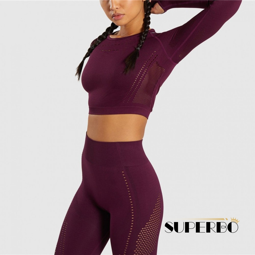 Compleu Fitness Sport burgundy Colanti si Bluza scurta cu perforatii SFIT011