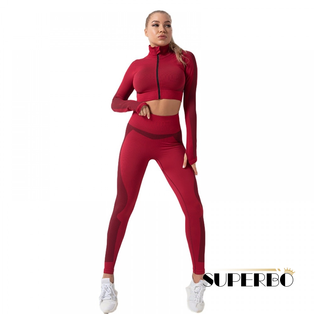 Compleu Fitness Colanti cu talie inalta si Bluza Scurta cu Fermoar si Maneca Lunga Rosu SFIT027