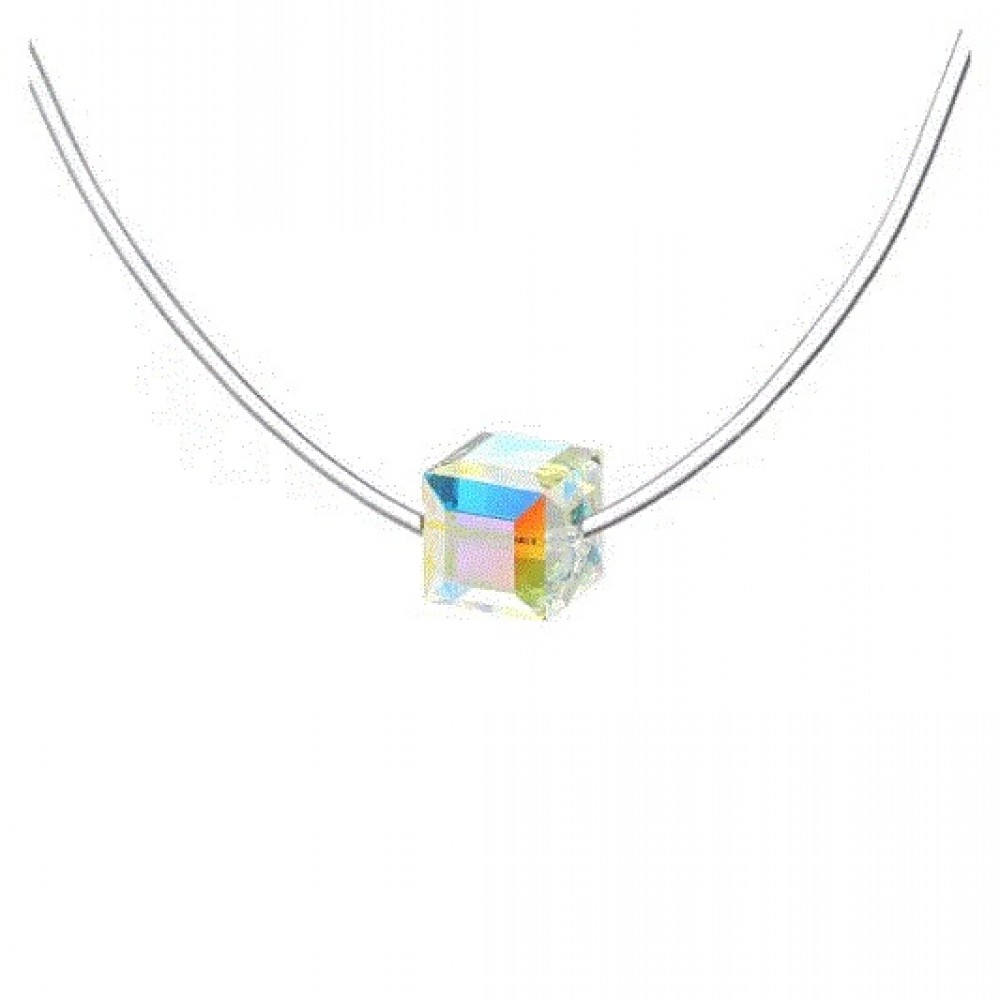 Colier Choker Dama cu Fir Elastic Transparent si Cristal Cub  Reflexii Multicolore COL082