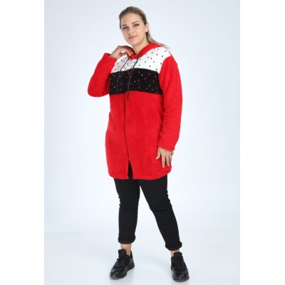 Cardigan dama rosu fashion din polar pufos cu fermoar si buzunare si accesorii perle CRDG03 Cardigan dama rosu fashion din polar pufos cu fermoar si buzunare si accesorii perle CRDG03