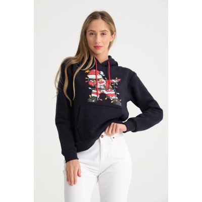 Hanorac Dama vatuit Negru de Craciun cu gluga si Imprimeu Mos Craciun HND21 Hanorac Dama vatuit Negru de Craciun cu gluga si Imprimeu Mos Craciun HND21