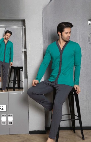 Pijama barbati batal bluza verde cu nasturi si pantaloni gri inchis PJB17 Pijama barbati batal bluza verde cu nasturi si pantaloni gri inchis PJB17