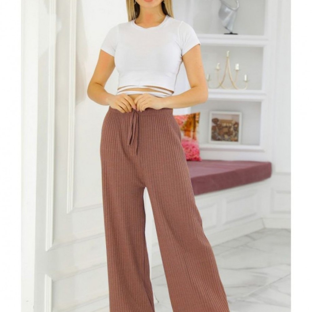 Pantaloni Dama striati largi maro cu talie inalta PD002