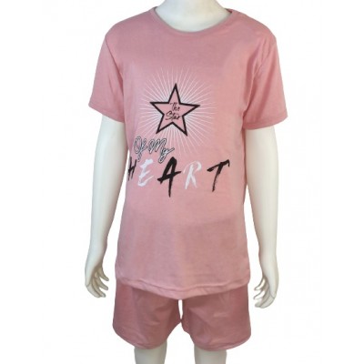 Pijama copii roz cu imprimeu stea tricou si pantaloni scurti PJCCF015 Pijama copii roz cu imprimeu stea tricou si pantaloni scurti PJCCF015