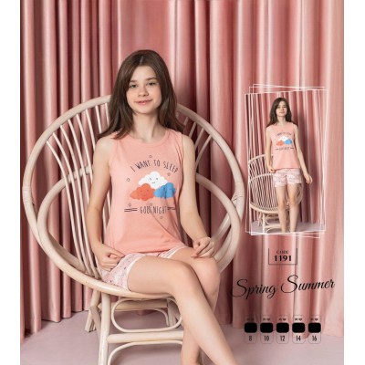 Pijama copii roz cu imprimeu nori maiou si pantaloni scurti PJCCF020 Pijama copii roz cu imprimeu nori maiou si pantaloni scurti PJCCF020