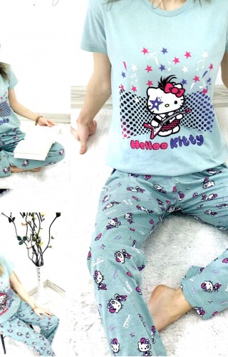 Pijama Dama Turcoaz cu Masca de dormit Maneca Scurta si Pantaloni Lungi  HKity PJD016 Pijama Dama Turcoaz cu Masca de dormit Maneca Scurta si Pantaloni Lungi  HKity PJD016