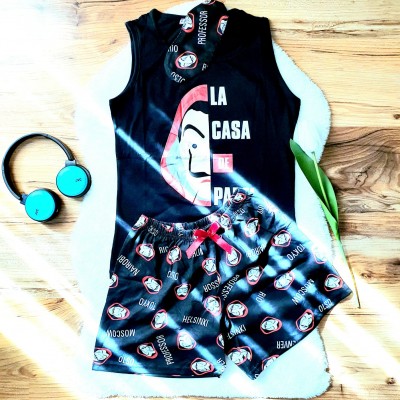 Pijama Dama Neagra cu Masca de dormit, Maiou si Pantaloni Scurti PJD025 Pijama Dama Neagra cu Masca de dormit, Maiou si Pantaloni Scurti PJD025