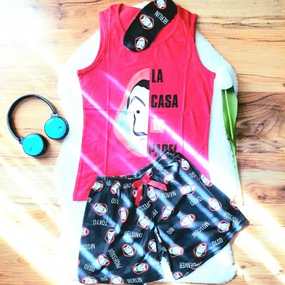 Pijama Dama Rosie cu Masca de dormit, Maiou si Pantaloni Scurti PJD025 Pijama Dama Rosie cu Masca de dormit, Maiou si Pantaloni Scurti PJD025