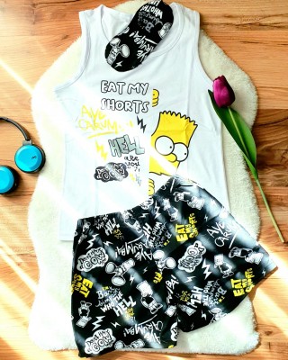 Pijama Dama Alba cu Masca de dormit Maiou si Pantaloni Scurti Eat my Shorts PJD029 Pijama Dama Alba cu Masca de dormit Maiou si Pantaloni Scurti Eat my Shorts PJD029