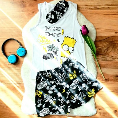 Pijama Dama Alba cu Masca de dormit Maiou si Pantaloni Scurti Eat my Shorts PJD029 Pijama Dama Alba cu Masca de dormit Maiou si Pantaloni Scurti Eat my Shorts PJD029