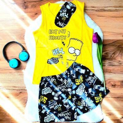 Pijama Dama Galbena cu Masca de dormit Maiou si Pantaloni Scurti Eat my Shorts PJD029 Pijama Dama Galbena cu Masca de dormit Maiou si Pantaloni Scurti Eat my Shorts PJD029