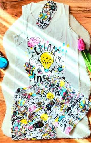 Pijama Dama Alba cu Masca de dormit Maiou si Pantaloni Scurti Create PJD030 Pijama Dama Alba cu Masca de dormit Maiou si Pantaloni Scurti Create PJD030