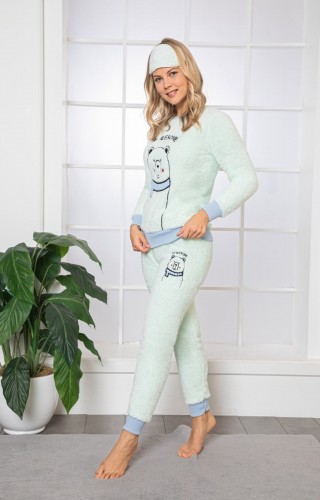Pijama Albastru Deschis  Cocolino groasa din material pufos din trei piese cu pantaloni lungi si masca somn Ren PJD037 Pijama Albastru Deschis  Cocolino groasa din material pufos din trei piese cu pantaloni lungi si masca somn Ren PJD037