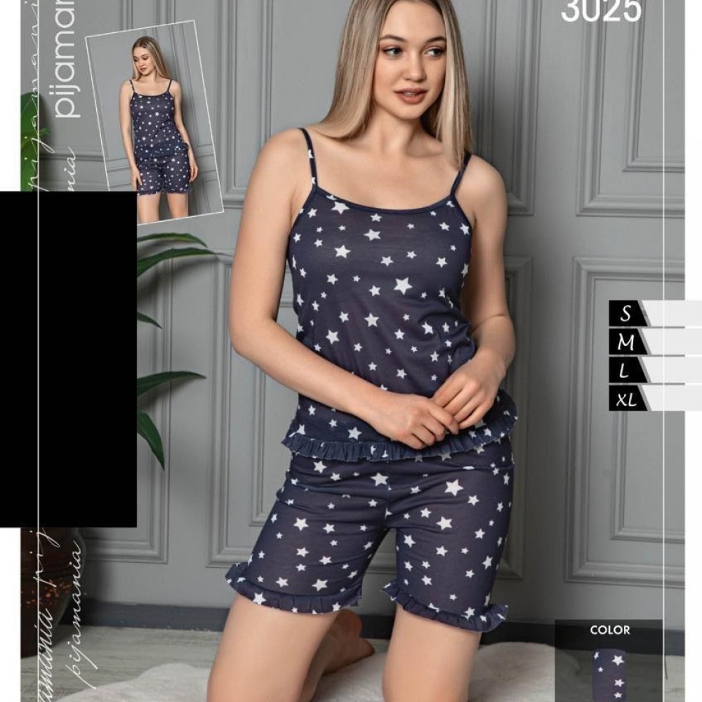 Pijama bleumarin dama din  bumbac cu elastan lejera cu imprimeu stelute albe maiou  si pantaloni scurti PJD045