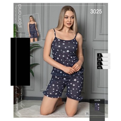 Pijama bleumarin dama din  bumbac cu elastan lejera cu imprimeu stelute albe maiou  si pantaloni scurti PJD045 Pijama bleumarin dama din  bumbac cu elastan lejera cu imprimeu stelute albe maiou  si pantaloni scurti PJD045