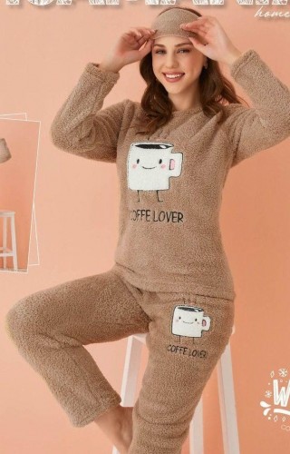 Pijama Cocolino Dama Capucino cu Imprimeu Ceasca si Masca Somn PJD065 Pijama Cocolino Dama Capucino cu Imprimeu Ceasca si Masca Somn PJD065