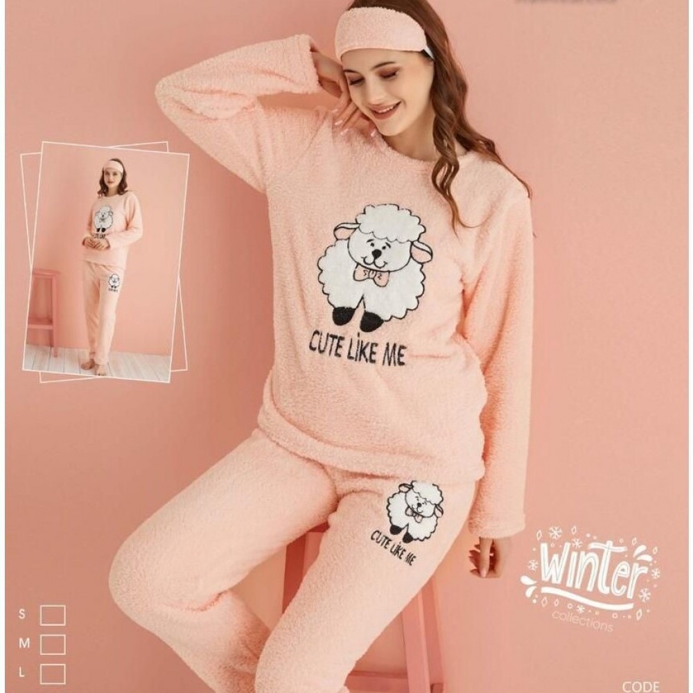 Pijama Cocolino Dama Bej cu Imprimeu Oita si Masca Somn PJD068