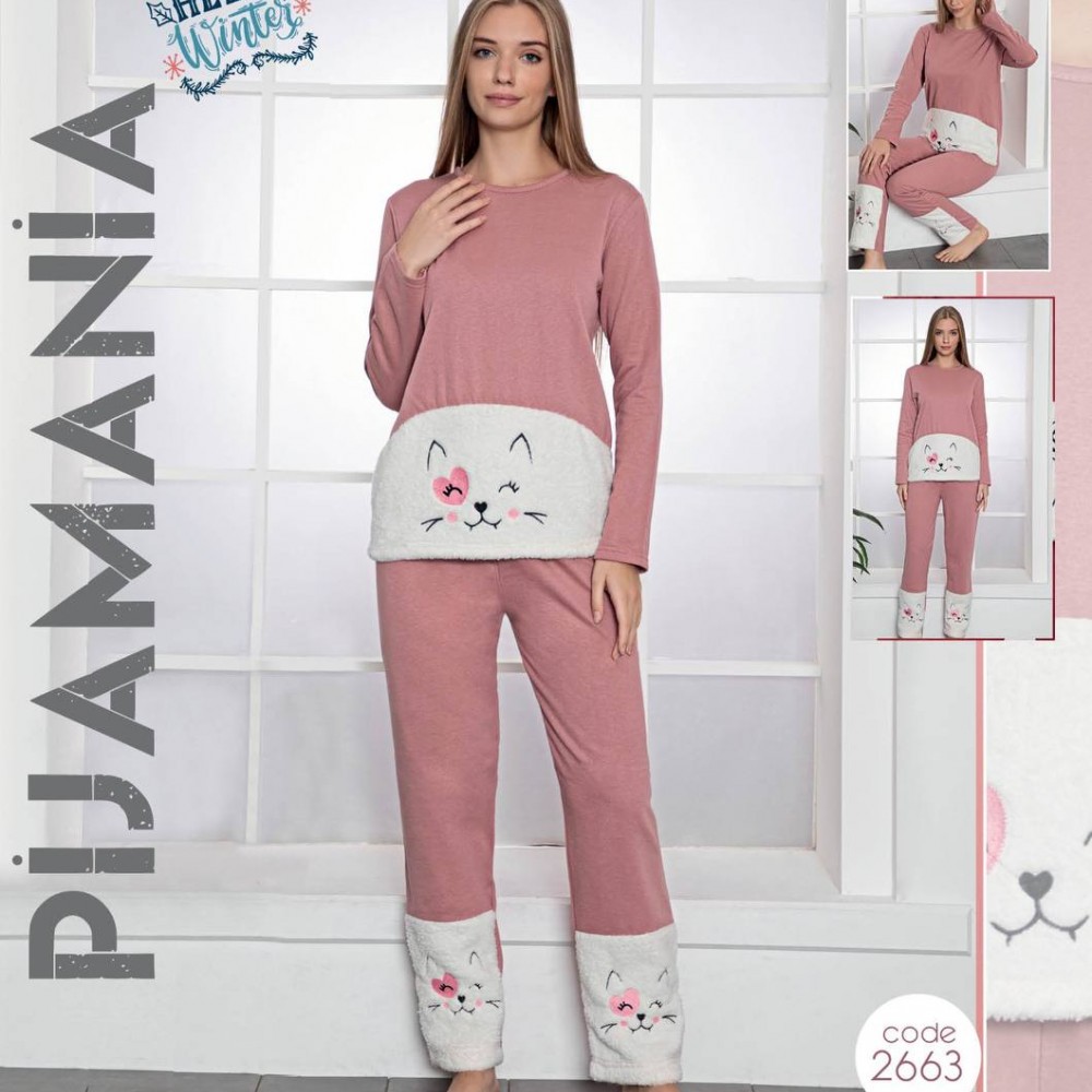 Pijama dama vatuita roz prafuit cu alb si imprimeu cocolino PJD070