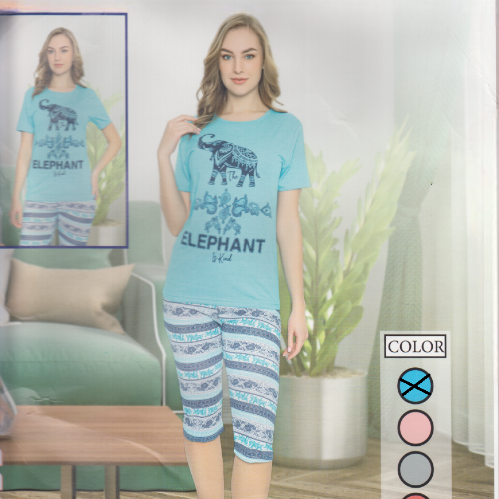 Pijama Dama albastru deschis tricou cu imprimeu elefant si pantaloni trei sferturi PJD084