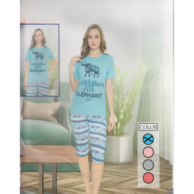 Pijama Dama albastru deschis tricou cu imprimeu elefant si pantaloni trei sferturi PJD084 Pijama Dama albastru deschis tricou cu imprimeu elefant si pantaloni trei sferturi PJD084