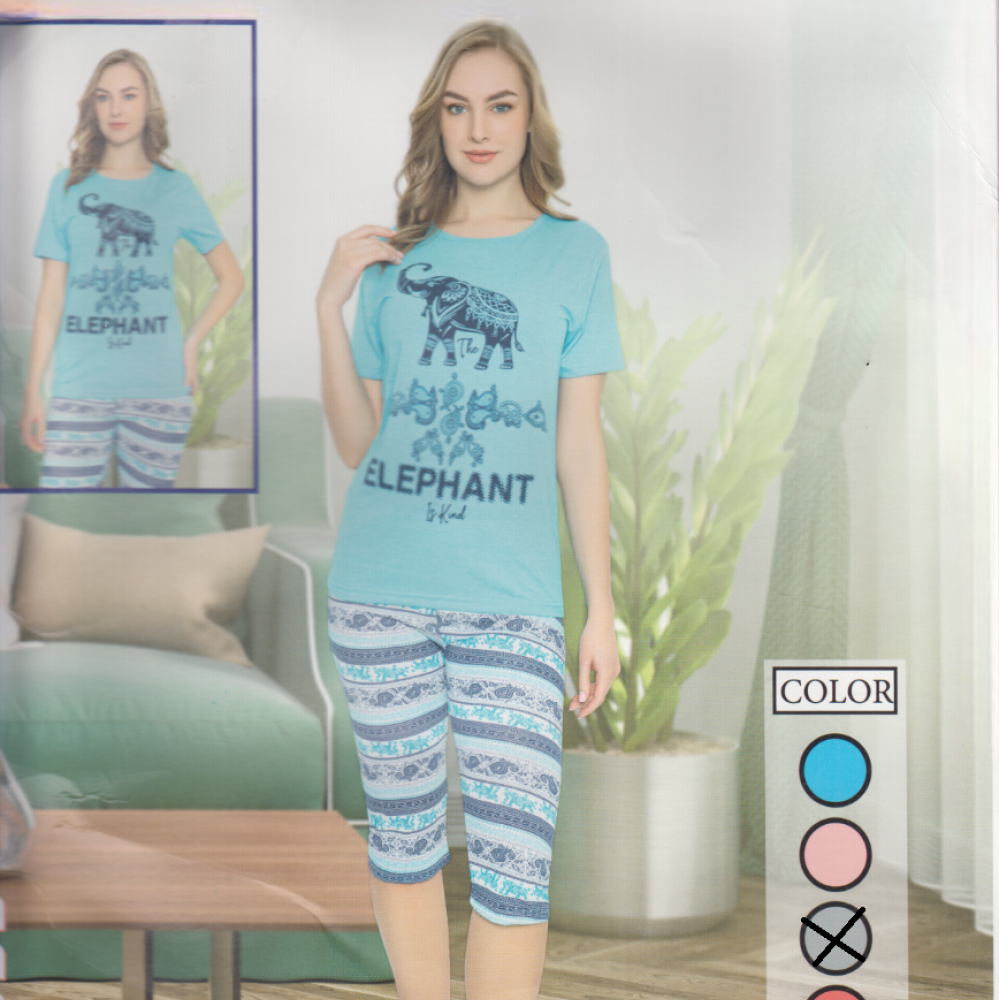 Pijama Dama gri tricou cu imprimeu elefant si pantaloni trei sferturi PJD084