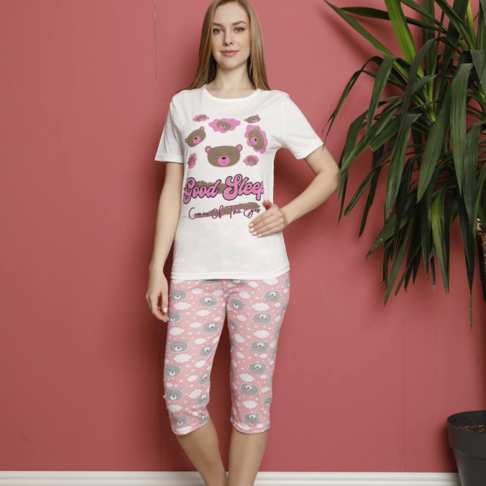 Pijama Dama cu imprimeu urs tricou alb si pantaloni roz trei sferturi PJD084