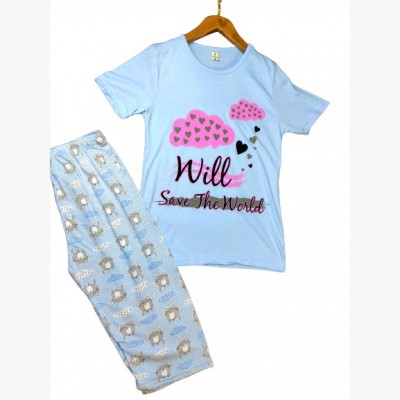 Pijama Dama batal albastra tricou cu imprimeu si pantaloni trei sferturi PJD086 Pijama Dama batal albastra tricou cu imprimeu si pantaloni trei sferturi PJD086