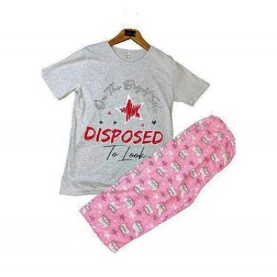Pijama Dama batal tricou gri cu imprimeu stea si pantaloni roz trei sferturi PJD086 Pijama Dama batal tricou gri cu imprimeu stea si pantaloni roz trei sferturi PJD086
