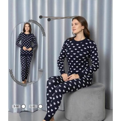 Compleu tricot dama bleumarin cu inimi albe PJD101 Compleu tricot dama bleumarin cu inimi albe PJD101