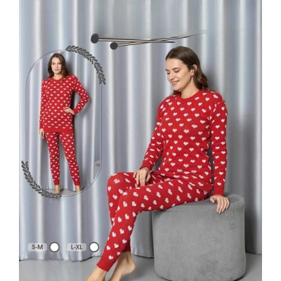 Compleu tricot dama rosu cu inimi albe PJD101 Compleu tricot dama rosu cu inimi albe PJD101