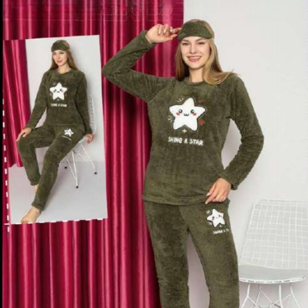 Pijama Cocolino Dama Khaki cu imprimeu stea si Masca Somn PJD103