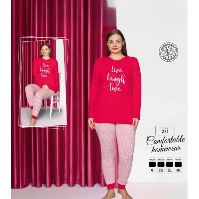 Pijama dama batal bluza roz inchis cu imprimeu si pantaloni lungi  PJD110 Pijama dama batal bluza roz inchis cu imprimeu si pantaloni lungi  PJD110