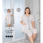 Pijama Dama batal alba cu flori tricou cu nasturi si pantaloni scurti PJD124