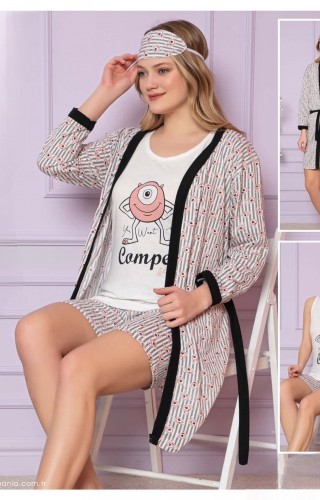 Set Pijama Dama cu Halat alba cu dungi gri tricou alb cu imprimeu si pantaloni trei sferturi SHPJD01 Set Pijama Dama cu Halat alba cu dungi gri tricou alb cu imprimeu si pantaloni trei sferturi SHPJD01