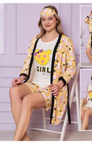 Set Pijama Dama cu Halat galben cu imprimeu tricou alb si pantaloni trei sferturi SHPJD01 Set Pijama Dama cu Halat galben cu imprimeu tricou alb si pantaloni trei sferturi SHPJD01
