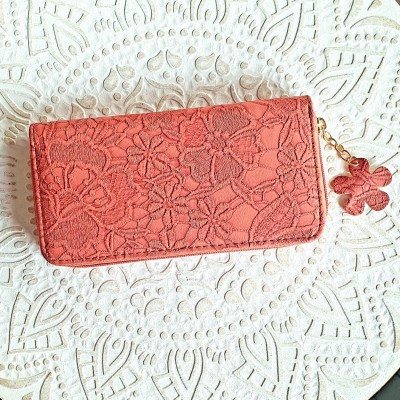 Portofel elegant Caramiziu din piele ecologica cu broderie si Floare decupata  ACPT031 Portofel elegant Caramiziu din piele ecologica cu broderie si Floare decupata  ACPT031