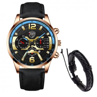 Ceas Barbati Business cu bratara si curea neagra din piele eco cu cadran negru si auriu-rosiatic + Cutie Cadou CBQZ012  Ceas Barbati Business cu bratara si curea neagra din piele eco cu cadran negru si auriu-rosiatic + Cutie Cadou CBQZ012