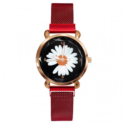 Ceas Dama Elegant Rosu cu margareta si cu bratara magnetica reglabila QUARTZ CDQZ049