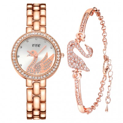 Ceas Dama Luxury roz auriu cu lebada si bratara cu strasuri CADOU QUARTZ CDQZ056 Ceas Dama Luxury roz auriu cu lebada si bratara cu strasuri CADOU QUARTZ CDQZ056